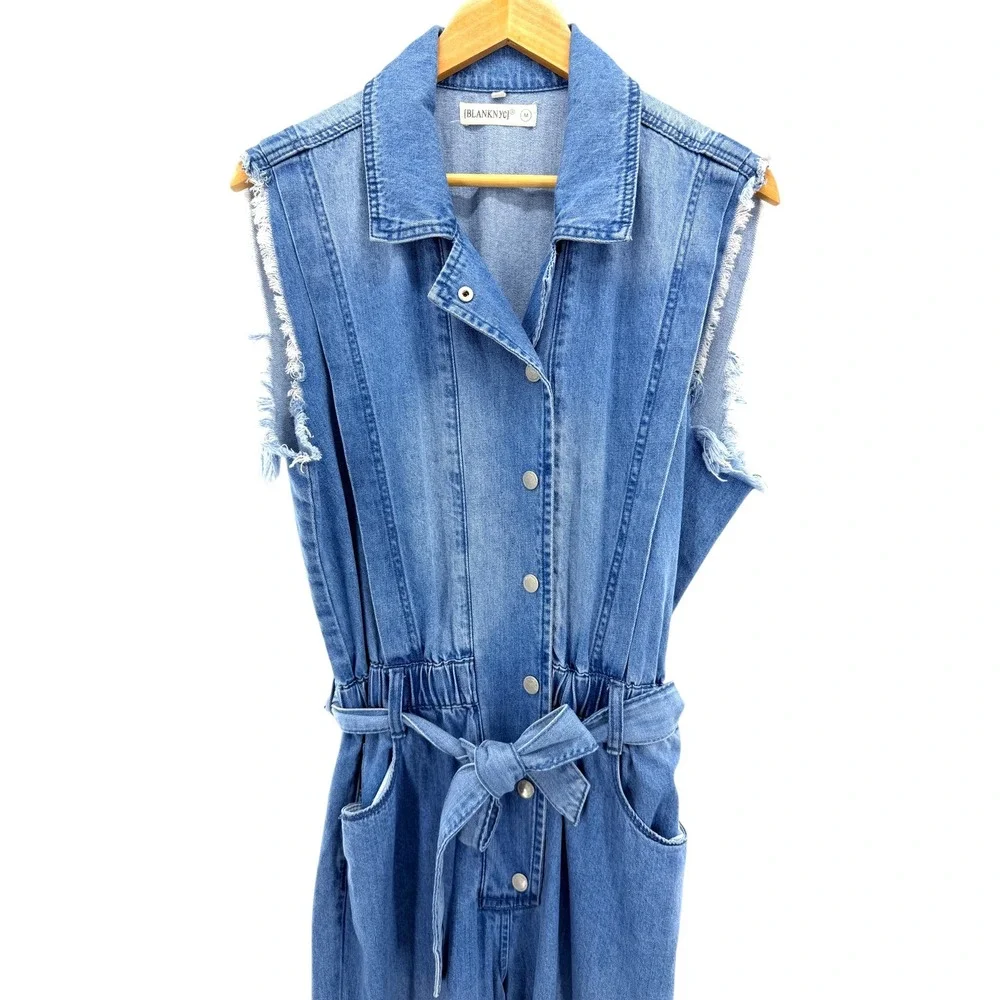 BLANKNYC Womens Blue Denim Sleeveless Boiler‎ Suit Jumpsuit Tie Waist Medium